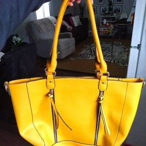 Large mustard colored purse with zippers